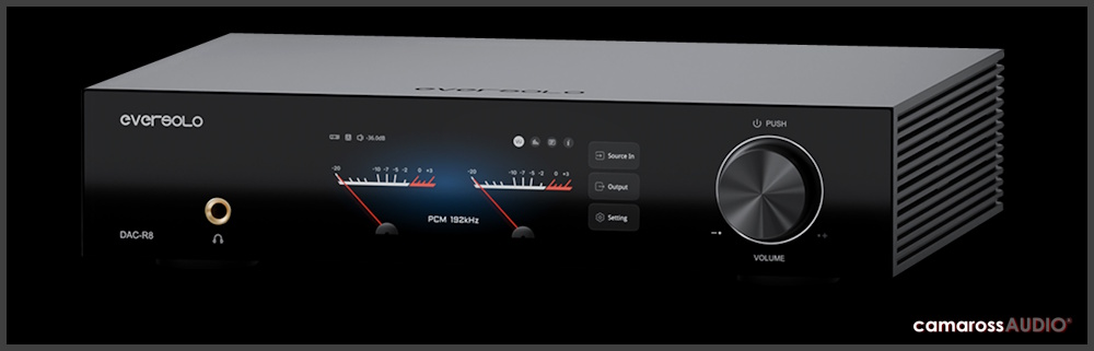 Eversolo DAC-R8 R2R DAC siyah ön panel, VU metre ve ses düğmesi.