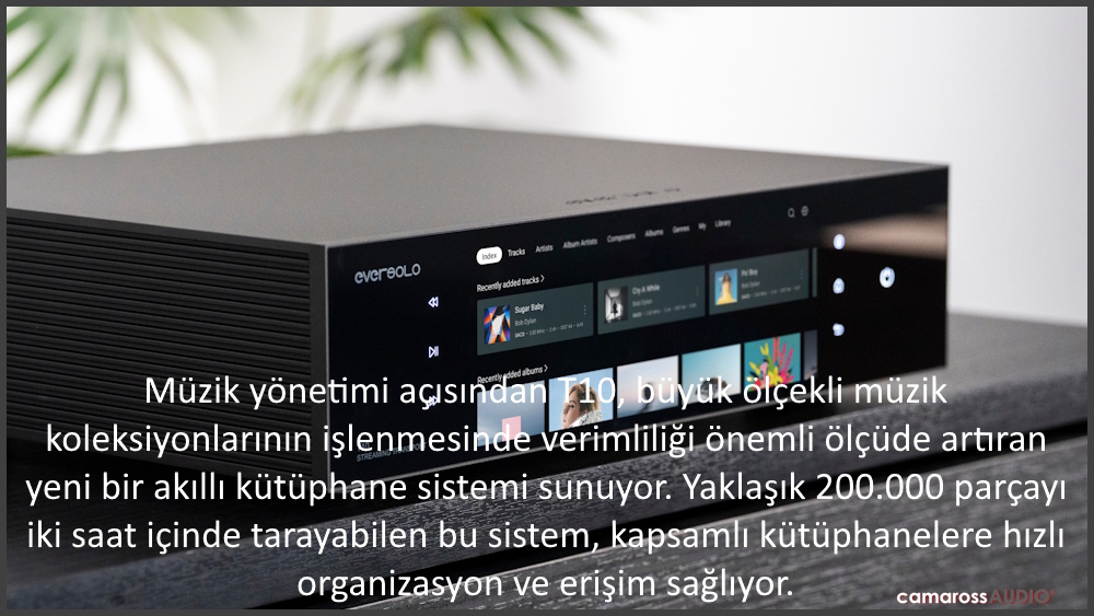 Eversolo T10 Streaming Transport siyah renkli ve ekranlı cihaz görüntüsü.