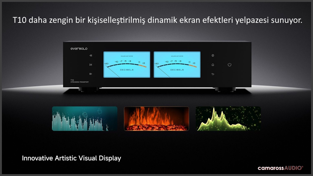 Eversolo T10 Streaming Transport analog VU metre ve görsel efektler.