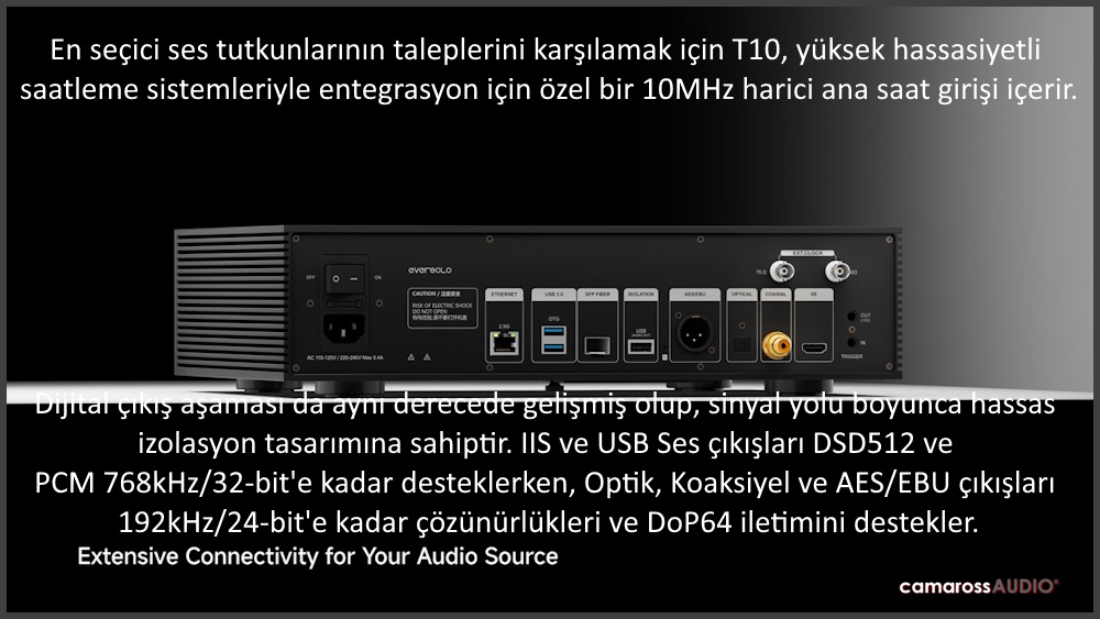 Eversolo T10 Streaming Transport arka panel bağlantıları ve giriş/çıkışları.