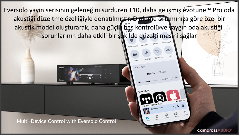 Eversolo T10 Streaming Transport ve akıllı telefonla kontrol ekranı.