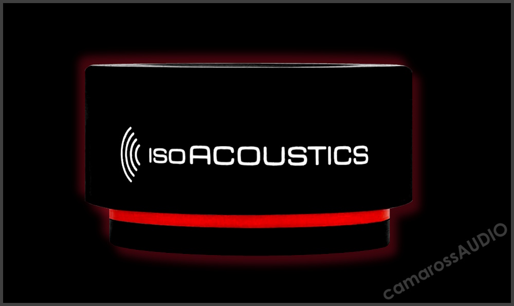 IsoAcoustics ISO-Puck Mini titreşim izolatörü siyah ve kırmızı renkli detay.