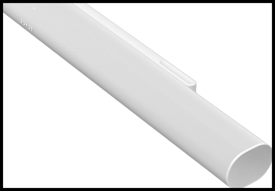 Beyaz Sonos Arc Ultra soundbar yakın çekim, minimalist tasarım.