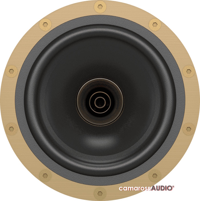 Tannoy AUTOGRAPH MINI-OW hoparlör sürücüsü, altın çerçeveli, yakın çekim.