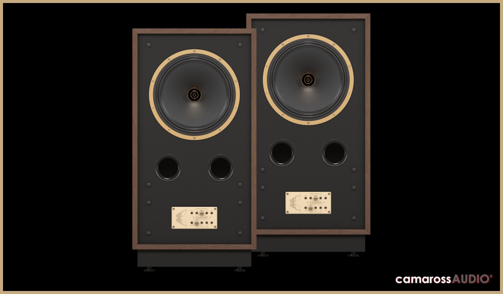 Tannoy CHEVIOT hoparlör çifti, retro tasarım ve bas refleks portları.