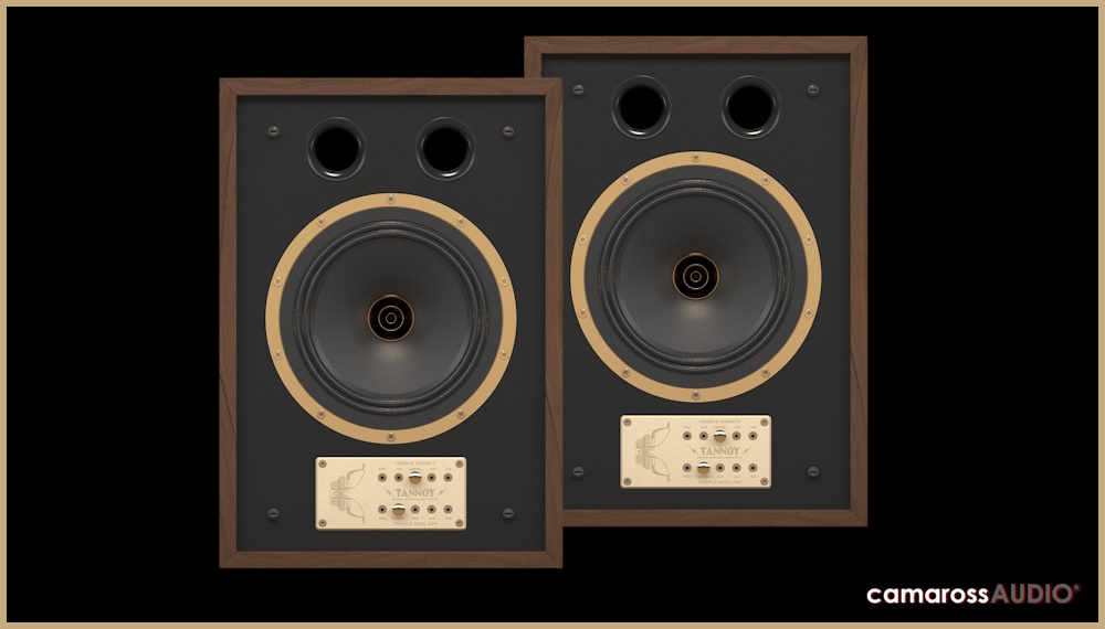 Tannoy EATON hoparlör çifti, ahşap çerçeveli retro Hi-Fi ses sistemi.