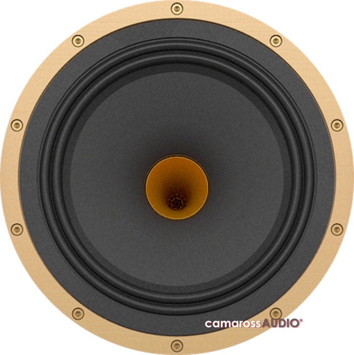 Tannoy KENSINGTON GR-OW hoparlör sürücüsü, altın rengi tweeter ve ahşap çerçeve.