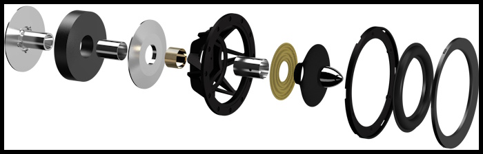 Wharfedale EVO 4.4 hoparlör sürücü parçaları patlatılmış görünümü.