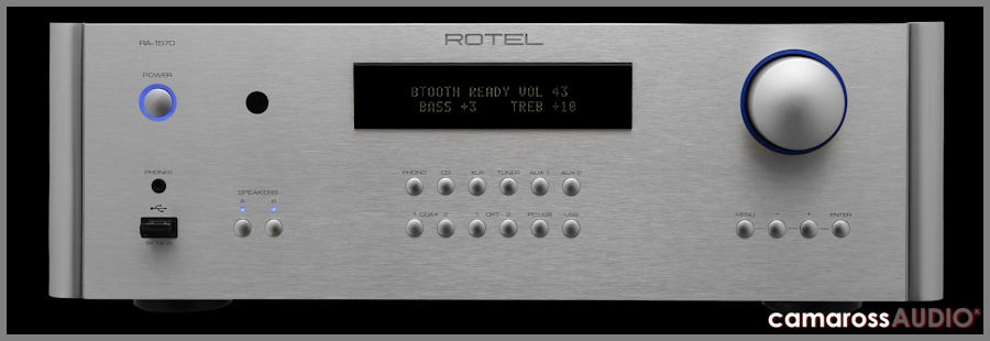 Rotel RA-1570 Entegre Amplifikatör gümüş ön panel ve mavi detaylar.