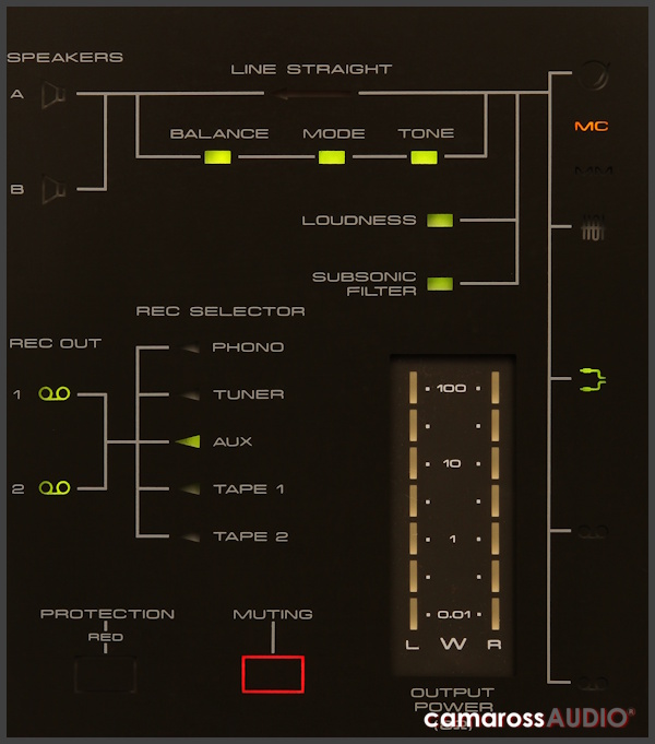Pioneer A-7 amfi ön panel: ses seçici, ses seviyesi göstergesi ve kontroller
