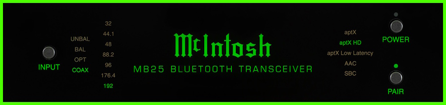 McIntosh MB25 Bluetooth Alıcı-Verici ön panel detayı ve aptX desteği.