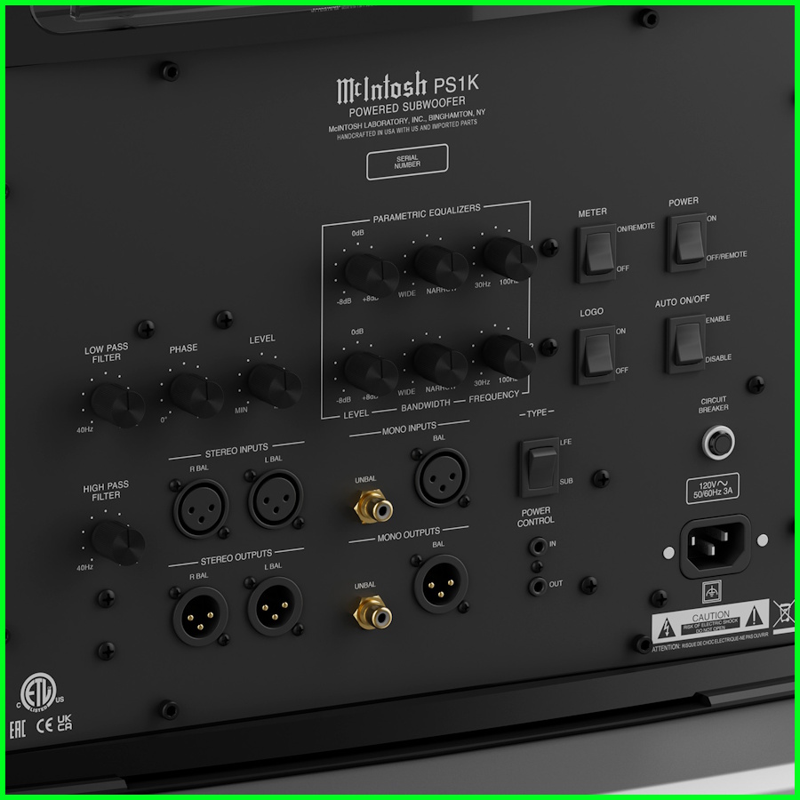 McIntosh PS1K Subwoofer güç girişi ve ayar paneli bağlantıları.