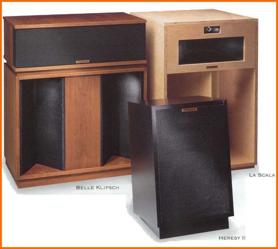 Klipsch Belle, La Scala ve Heresy II hoparlör modellerinin yan yana görünümü.