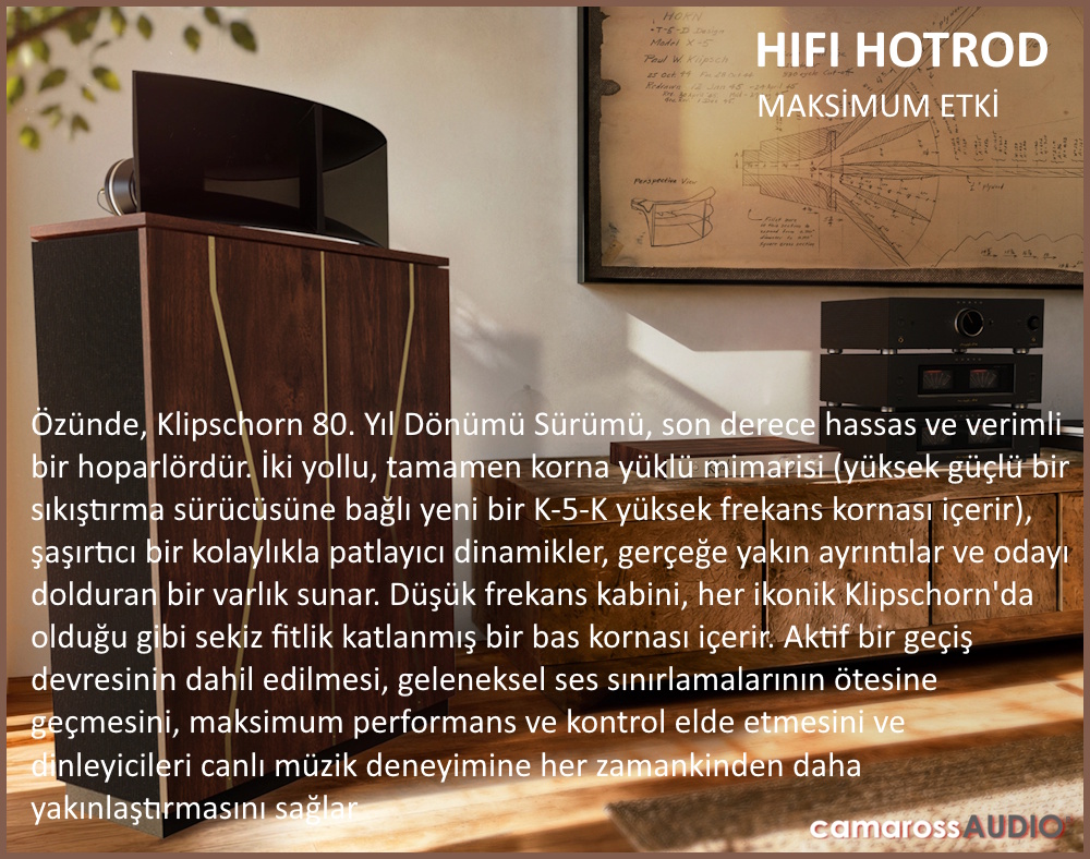 Klipschorn 80th Anniversary Limited Edition ahşap hoparlör ve ses ekipmanları.