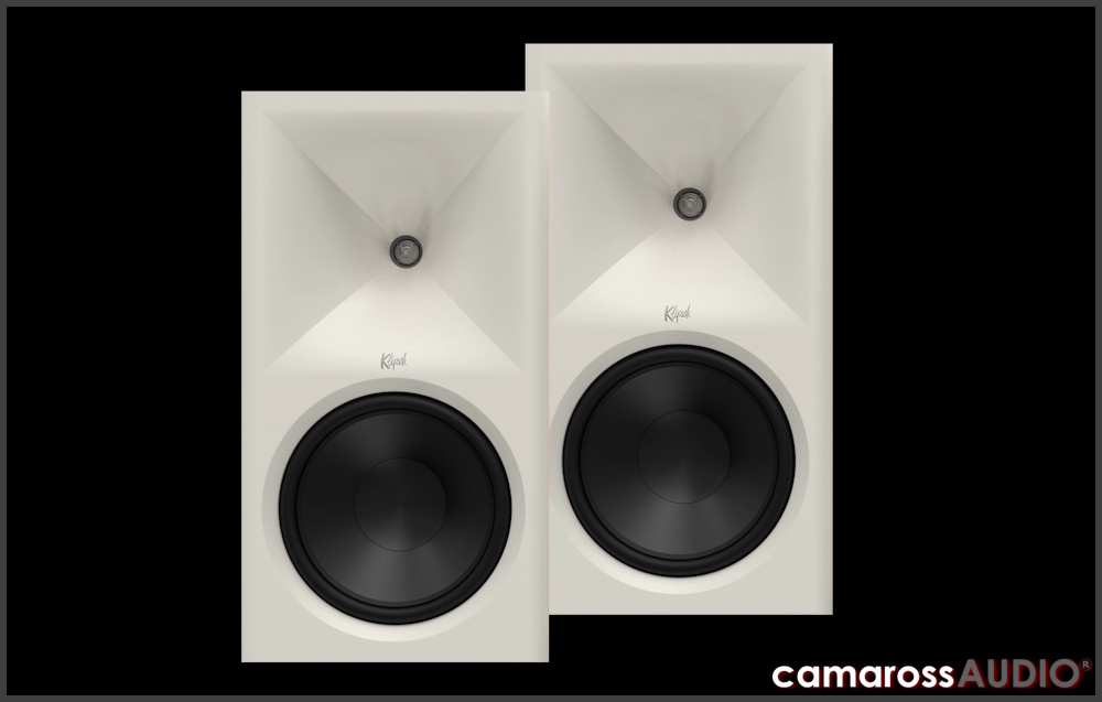 Klipsch NINES II beyaz hoparlör çifti ön görünümü.
