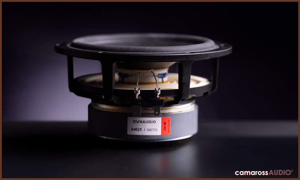 Dynaudio Legend hoparlör sürücüsü arka görünümü, model etiketi detayı.