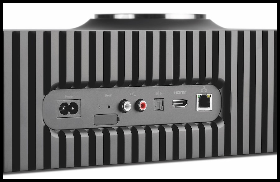 Mu-so Hekla ses sistemi arka bağlantı noktaları: Güç, RCA, HDMI ve Ethernet.