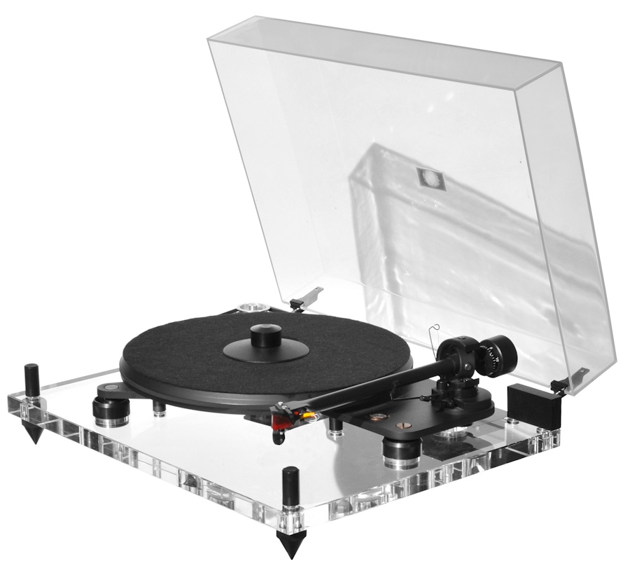 Pro-ject Perspective plak çalar, şeffaf gövdeli ve toz kapağı açık.