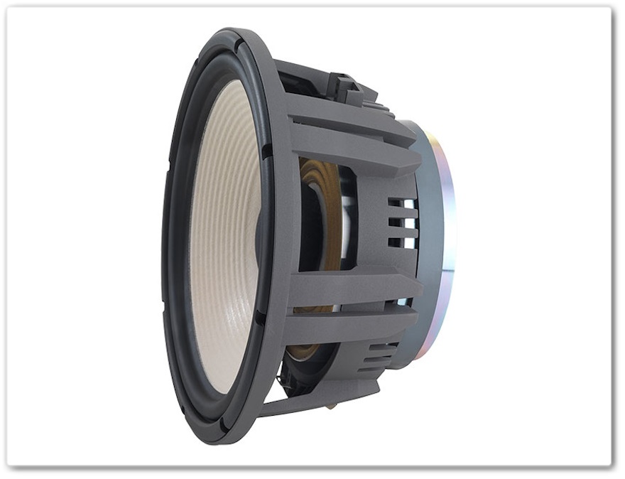 JBL 4312SE hoparlör sürücüsü kesit görünümü, beyaz koni ve gri kasa.