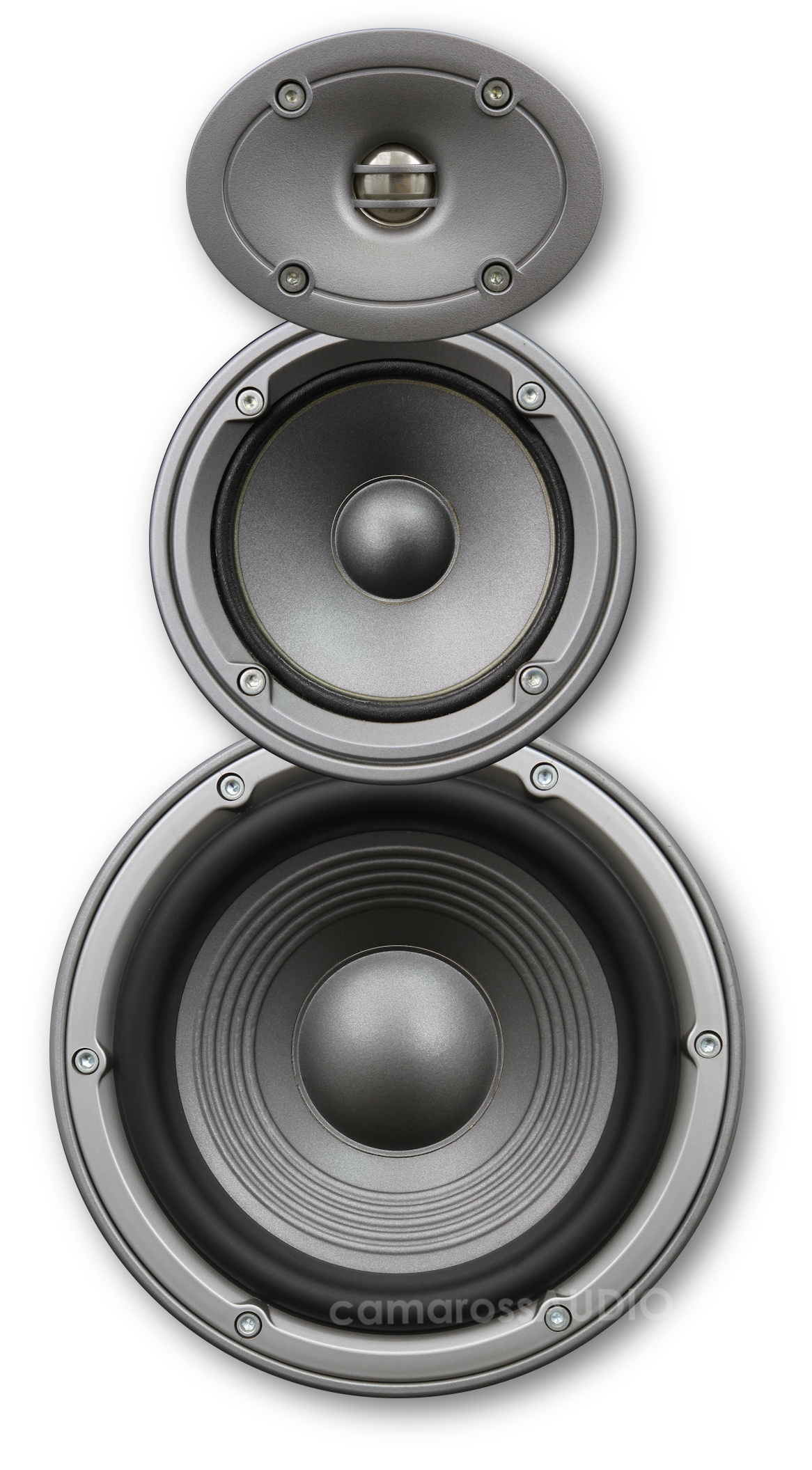 JBL Northridge E90 hoparlör sürücüleri yakın çekim gri tweeter ve woofer.
