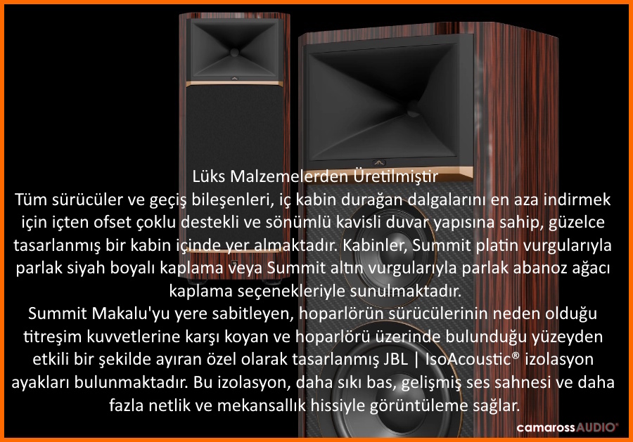 JBL Summit Makalu lüks ahşap kaplama hoparlör yakın çekim.