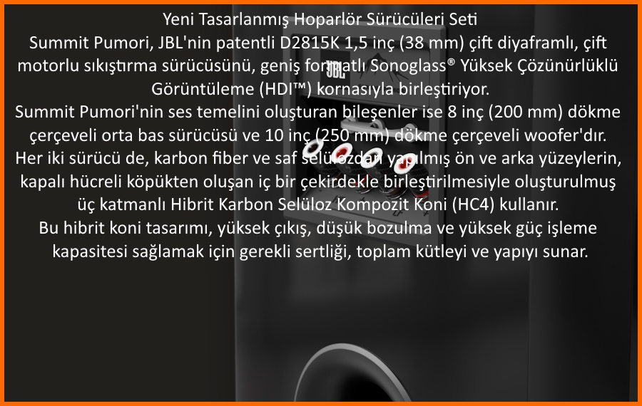 JBL Summit Pumori hoparlör sürücüleri ve HC4 koni detayları.