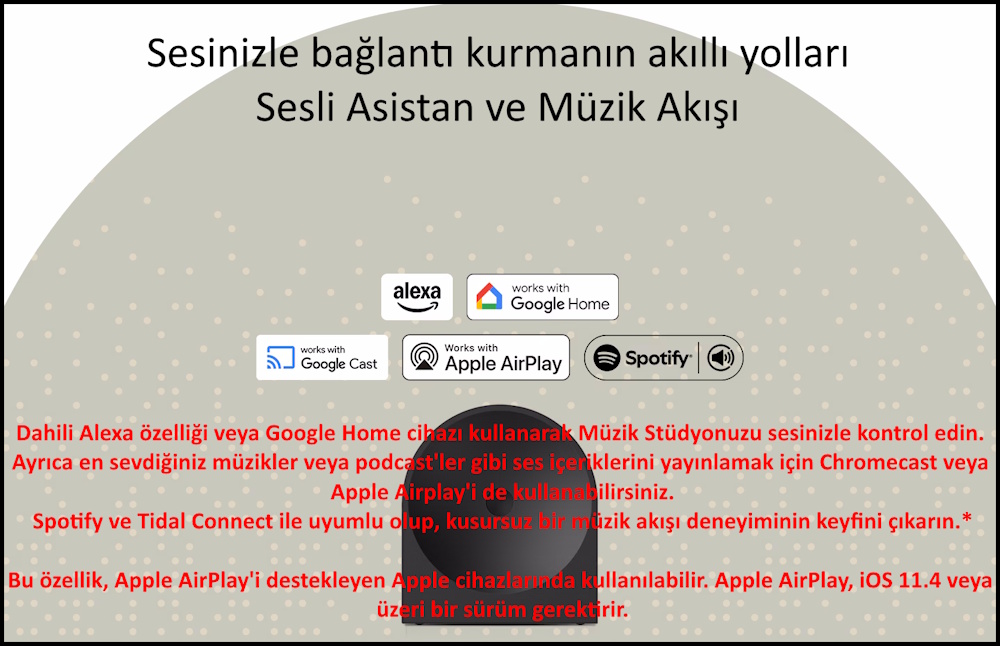 Samsung Music Studio uyumluluk: Alexa, Google Home, AirPlay, Spotify.