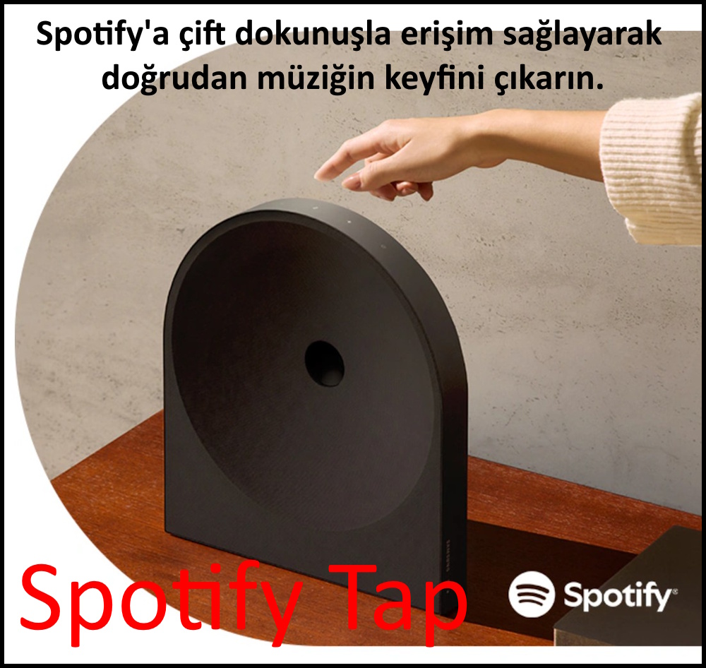 Samsung Music Studio 5 Spotify Tap siyah hoparlör, dokunmatik kontrol.
