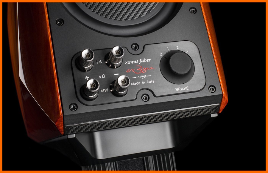 Sonus faber ex3ma hoparlör arka panel bağlantı detayları ve ayar düğmesi.